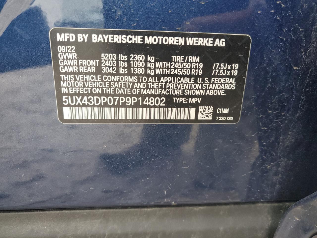 2023 BMW X3 SDRIVE30I VIN:5UX43DP07P9P14802