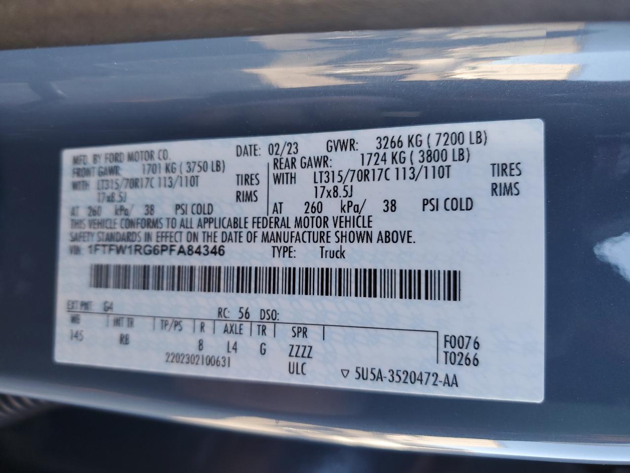2023 FORD F150 RAPTOR VIN:1FTFW1RG6PFA84346