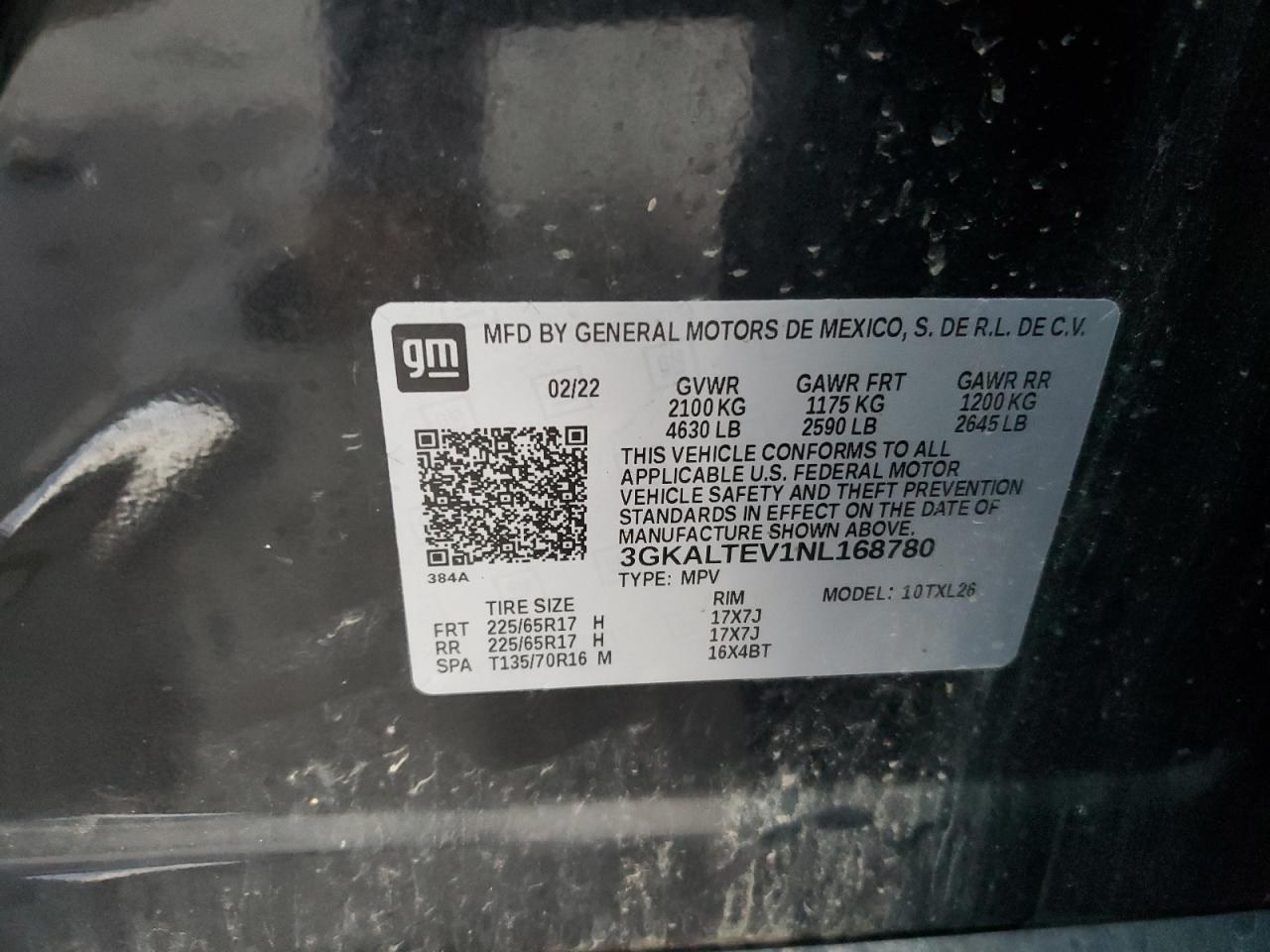 2022 GMC TERRAIN SLE VIN:3GKALTEV1NL168780