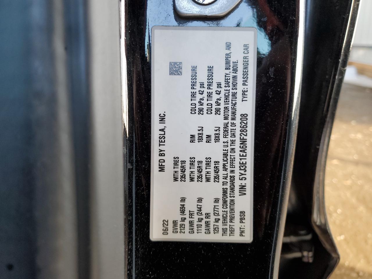 2022 TESLA MODEL 3  VIN:5YJ3E1EA6NF286208