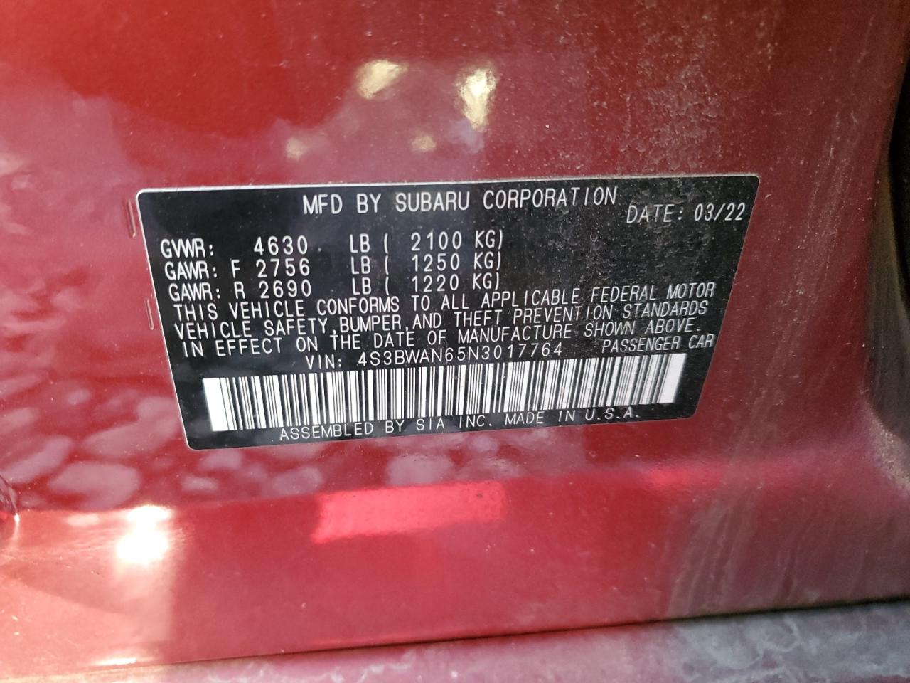 2022 SUBARU LEGACY LIMITED VIN:4S3BWAN65N3017764