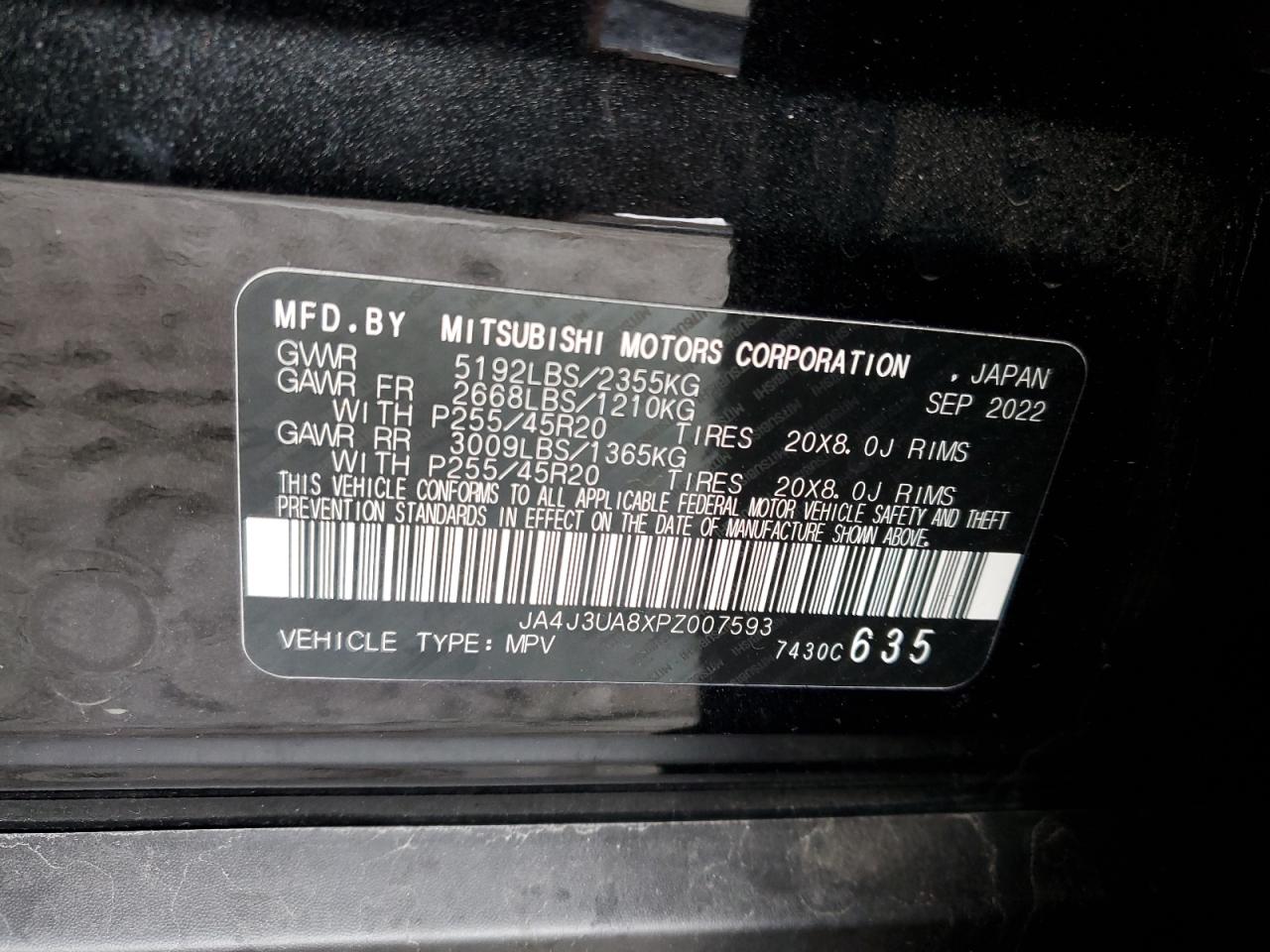 2023 MITSUBISHI OUTLANDER SE VIN:JA4J3UA8XPZ007593