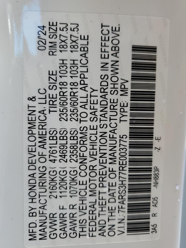 2024 HONDA CR-V EXL VIN:7FARS3H77RE003775
