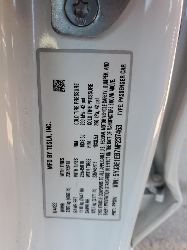 2022 TESLA MODEL 3  VIN:5YJ3E1EB7NF237463