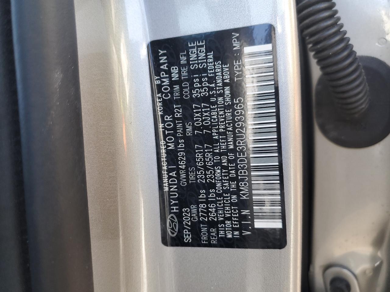 2024 HYUNDAI TUCSON SEL VIN:KM8JB3DE3RU293965