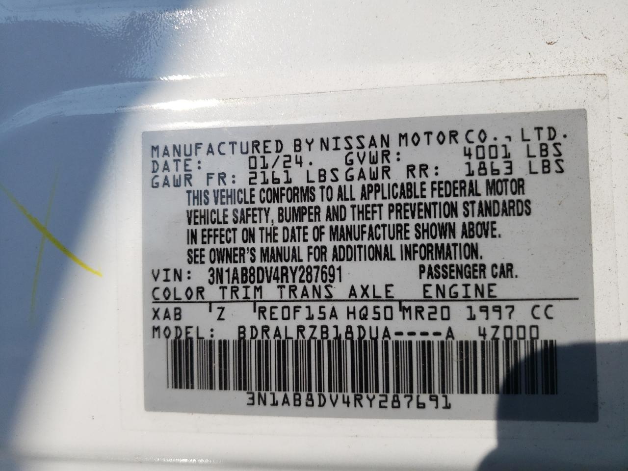 2024 NISSAN SENTRA SR VIN:3N1AB8DV4RY287691