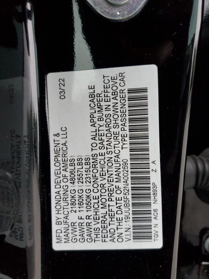 2022 ACURA TLX TECH A VIN:19UUB5F52NA002590