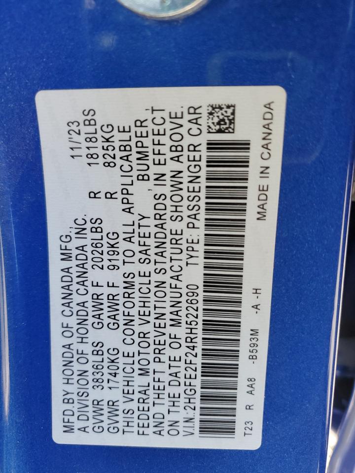 2024 HONDA CIVIC LX VIN:2HGFE2F24RH522690