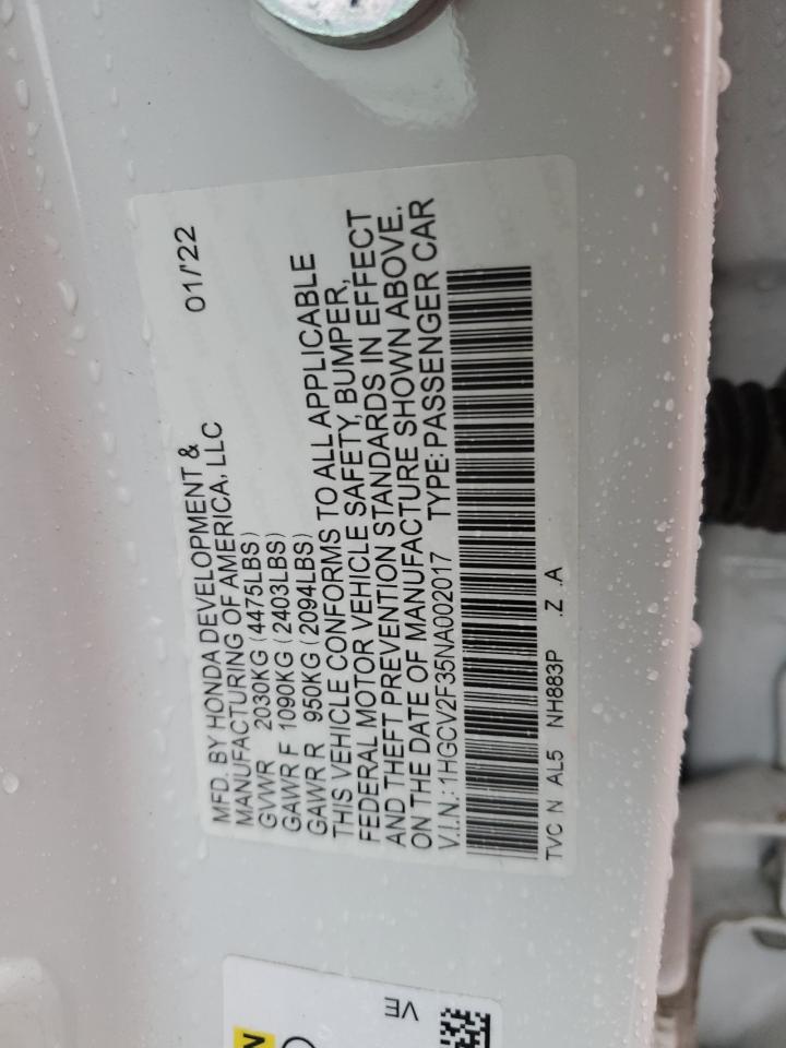 2022 HONDA ACCORD SPORT VIN:1HGCV2F35NA002017