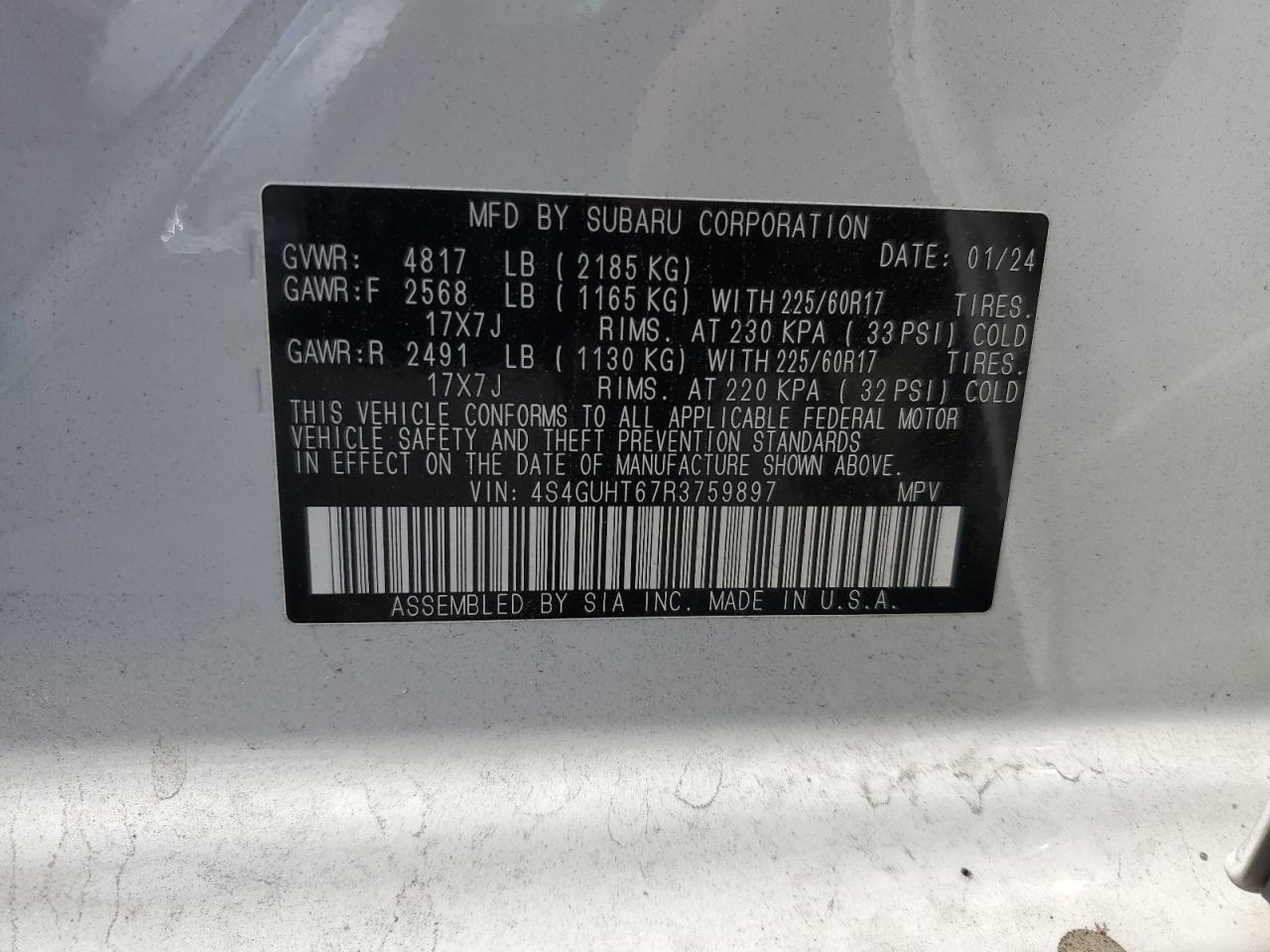 2024 SUBARU CROSSTREK WILDERNESS VIN:4S4GUHT67R3759897