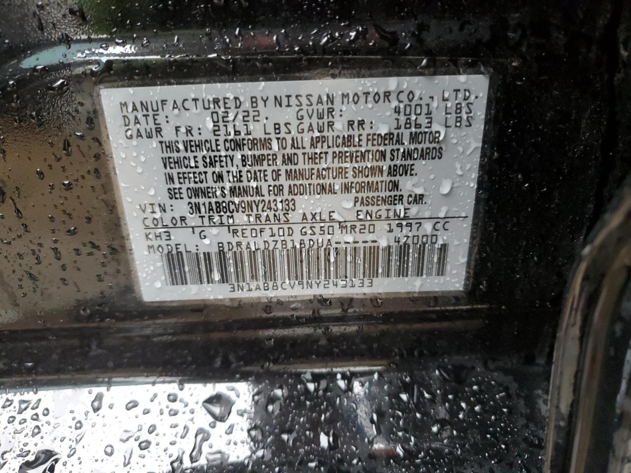 2022 NISSAN SENTRA SV VIN:3N1AB8CV9NY243133