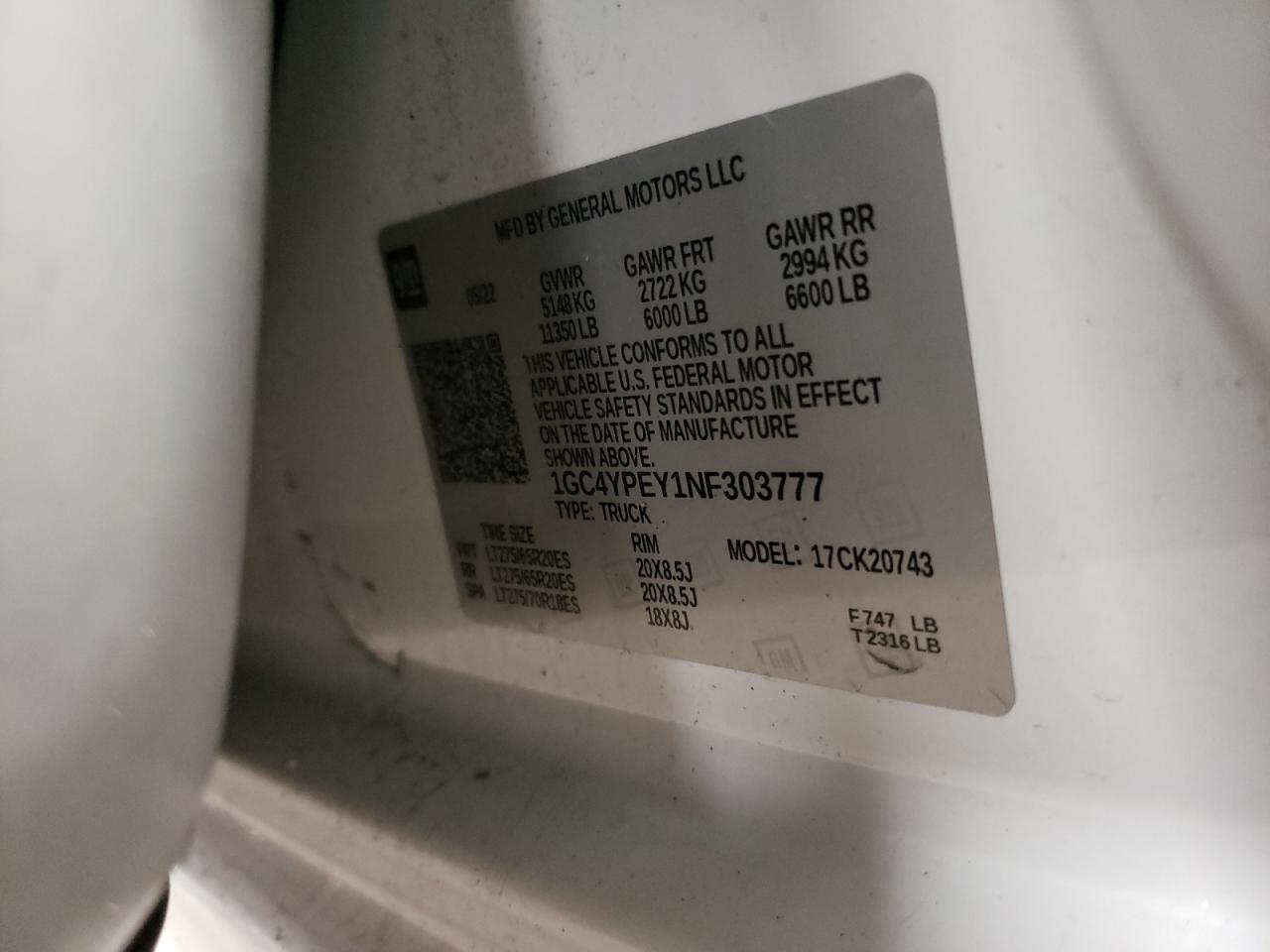 2022 CHEVROLET SILVERADO K2500 HEAVY DUTY LTZ VIN:1GC4YPEY1NF303777