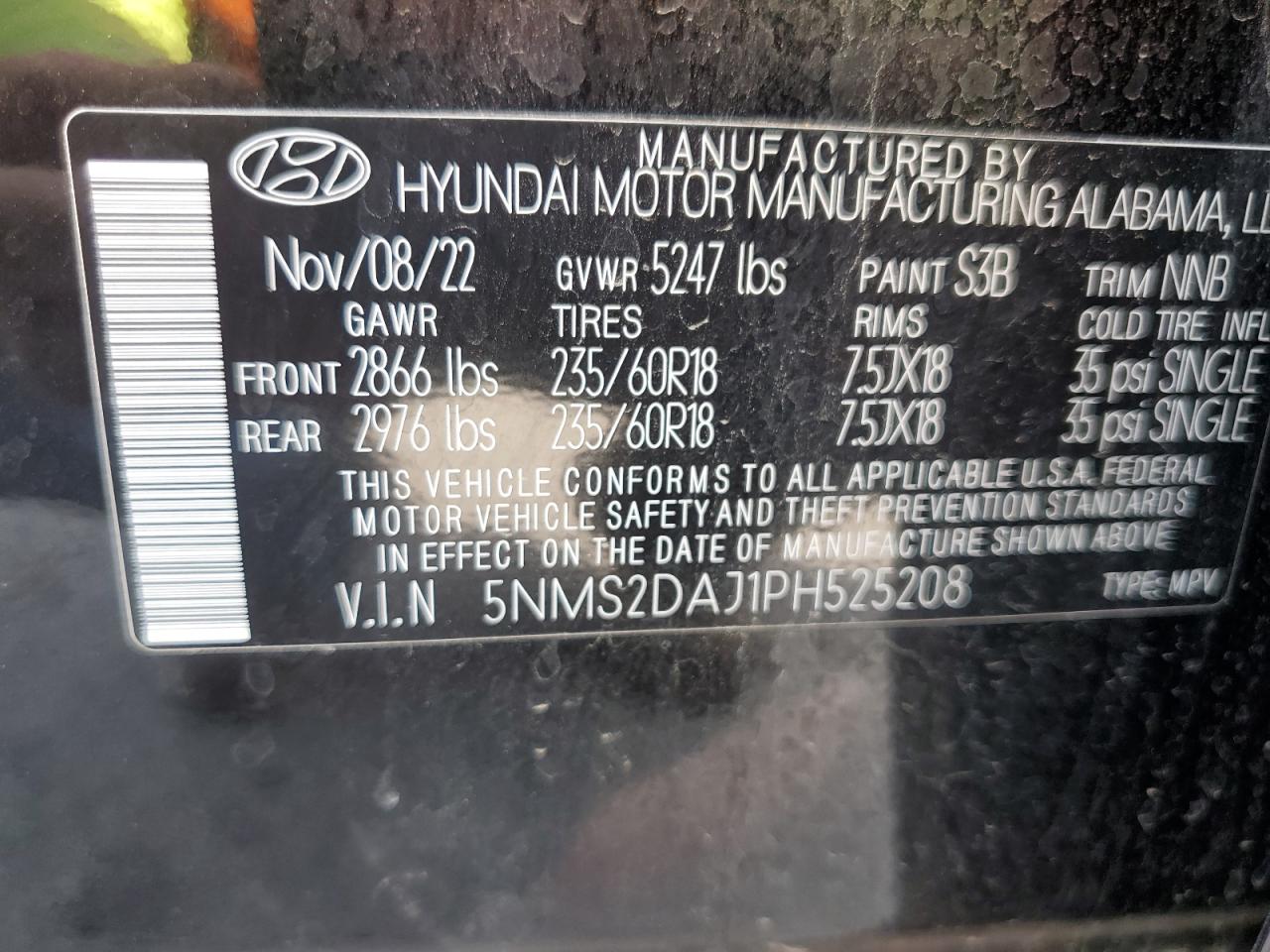 2023 HYUNDAI SANTA FE SEL VIN:5NMS2DAJ1PH525208