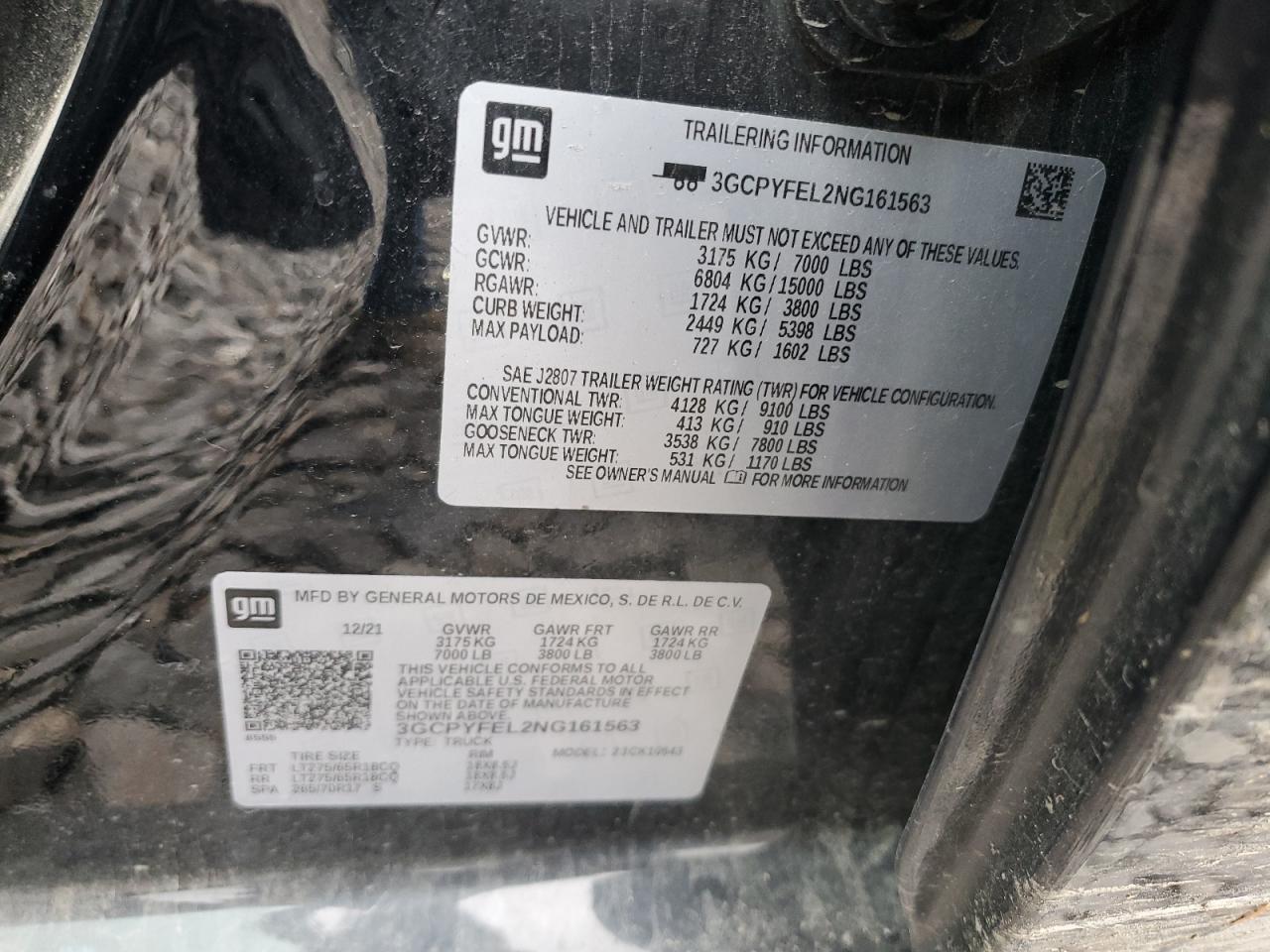 2022 CHEVROLET SILVERADO LTD K1500 LT TRAIL BOSS VIN:3GCPYFEL2NG161563