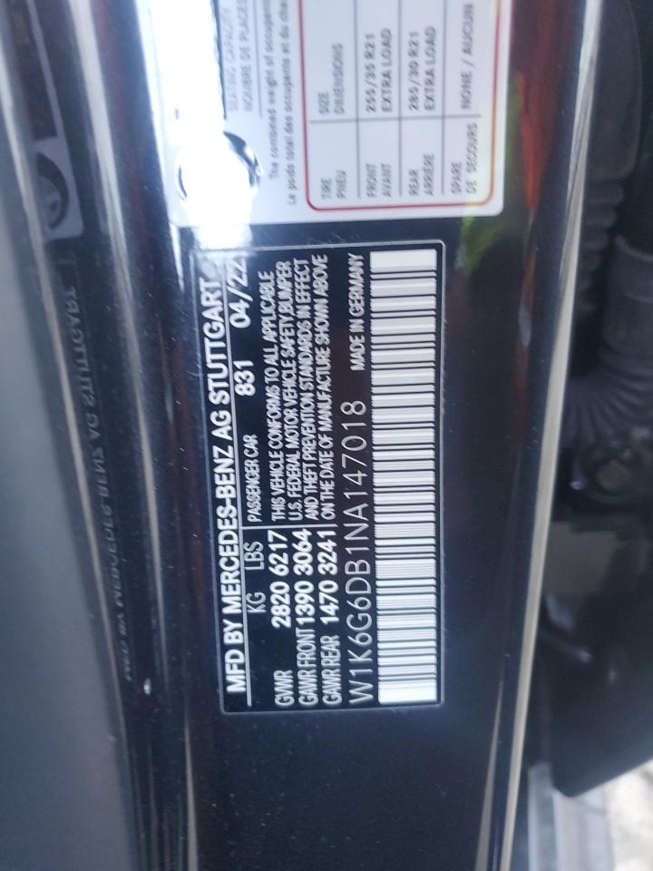 2022 MERCEDES-BENZ S 500 4MATIC VIN:W1K6G6DB1NA147018