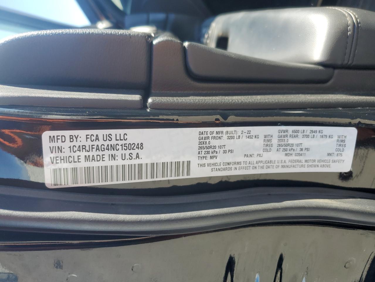 2022 JEEP GRAND CHEROKEE LAREDO E VIN:1C4RJFAG4NC150248