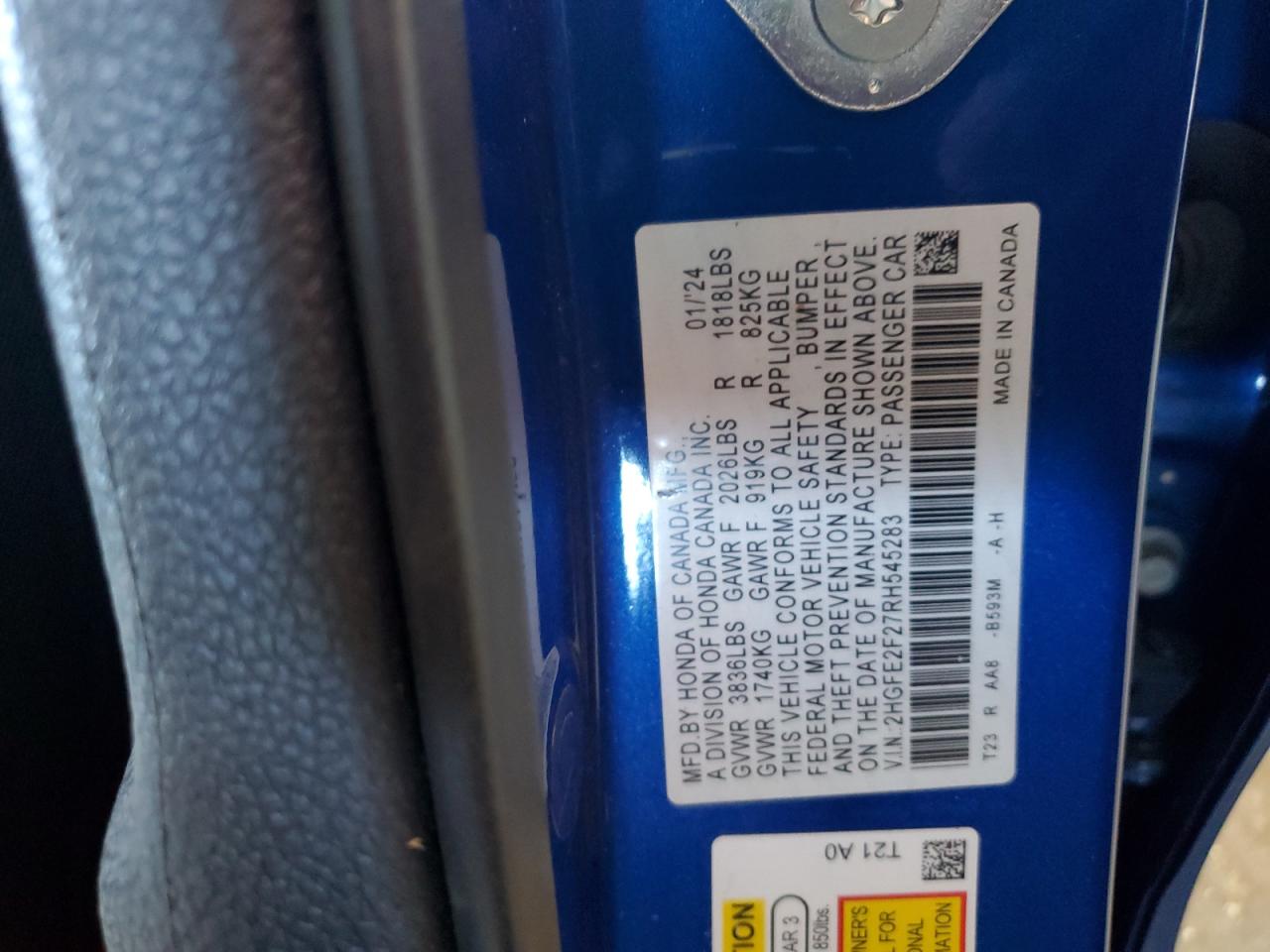 2024 HONDA CIVIC LX VIN:JF1GPAA69FG284124