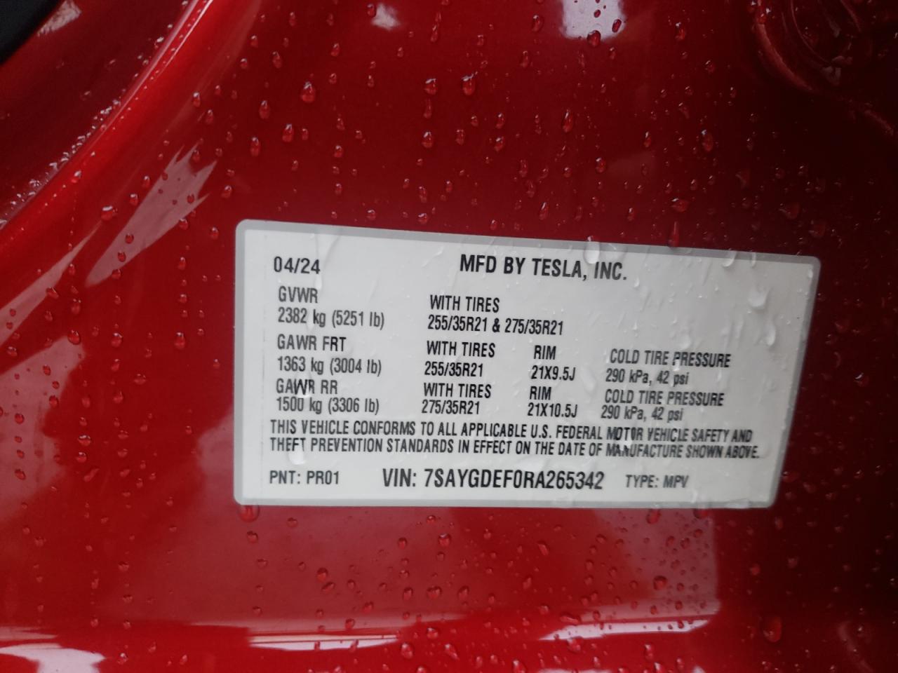 2024 TESLA MODEL Y  VIN:7SAYGDEF0RA265342