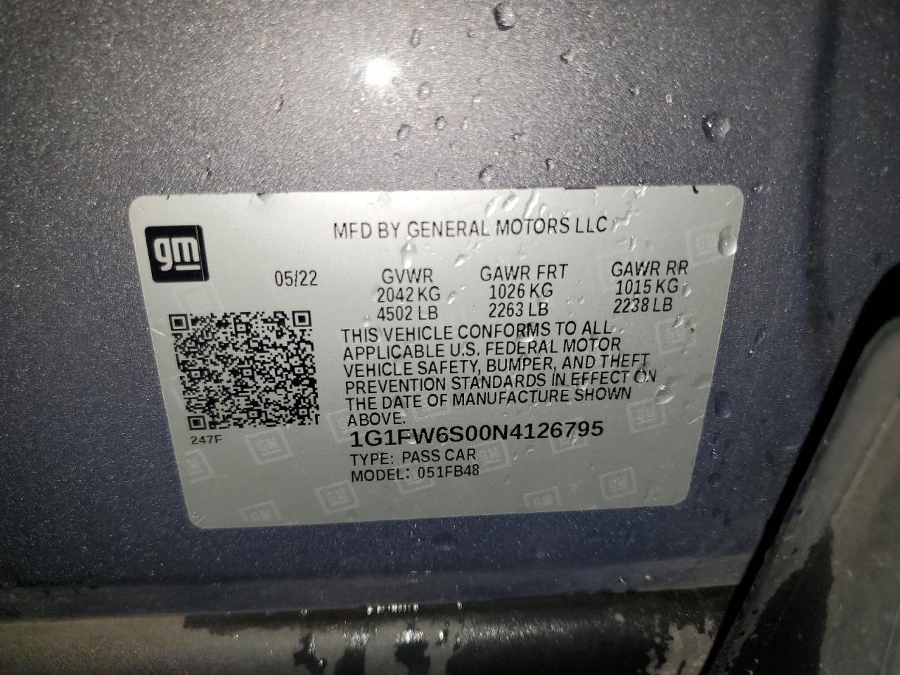 2022 CHEVROLET BOLT EV 1LT VIN:1G1FW6S00N4126795