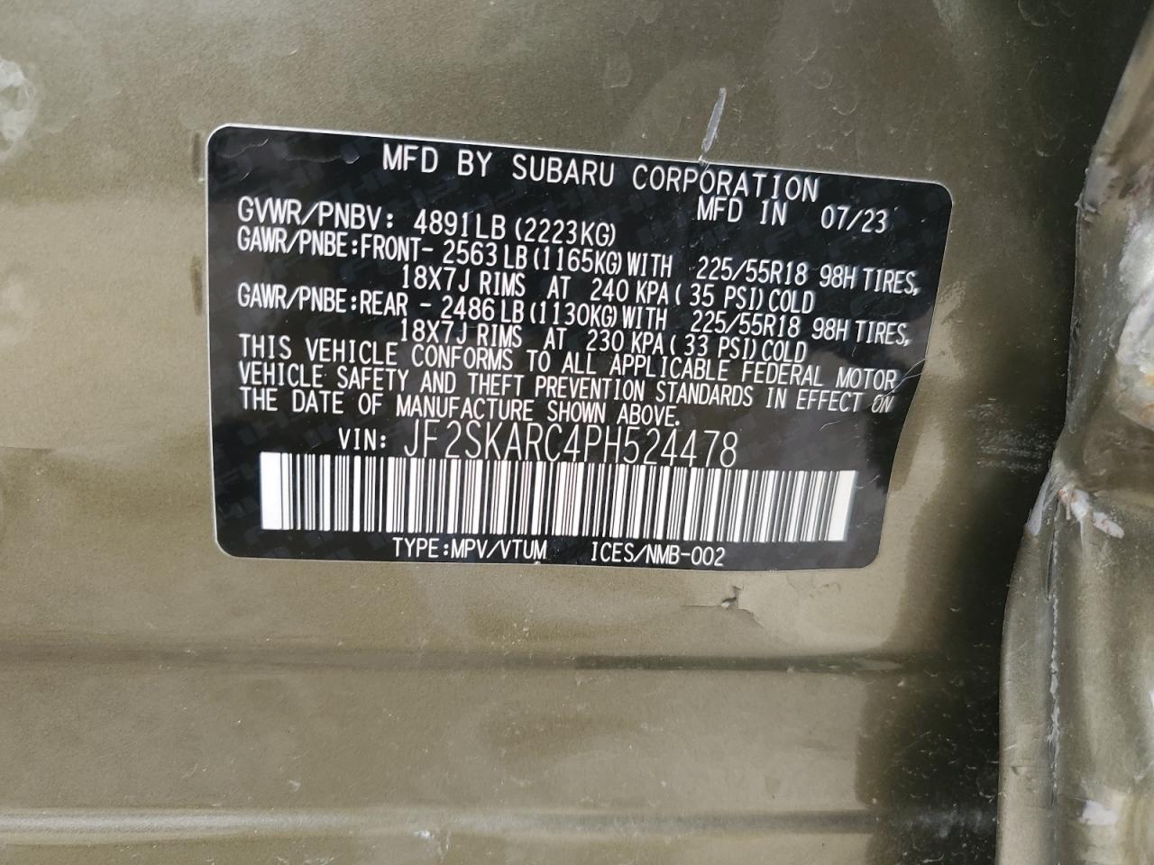 2023 SUBARU FORESTER TOURING VIN:JF2SKARC4PH524478