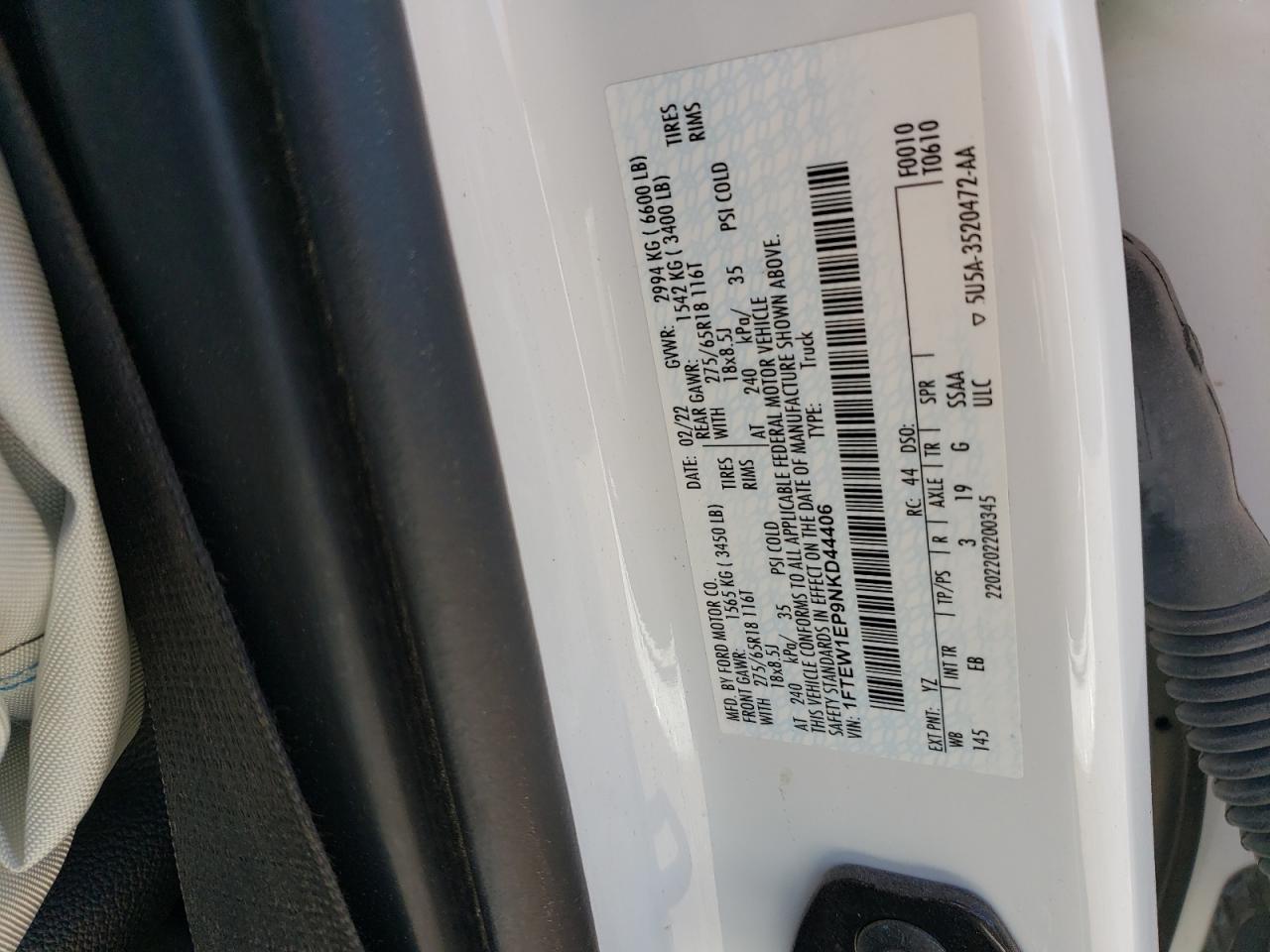 2022 FORD F150 SUPERCREW VIN:1FTEW1EP9NKD44406