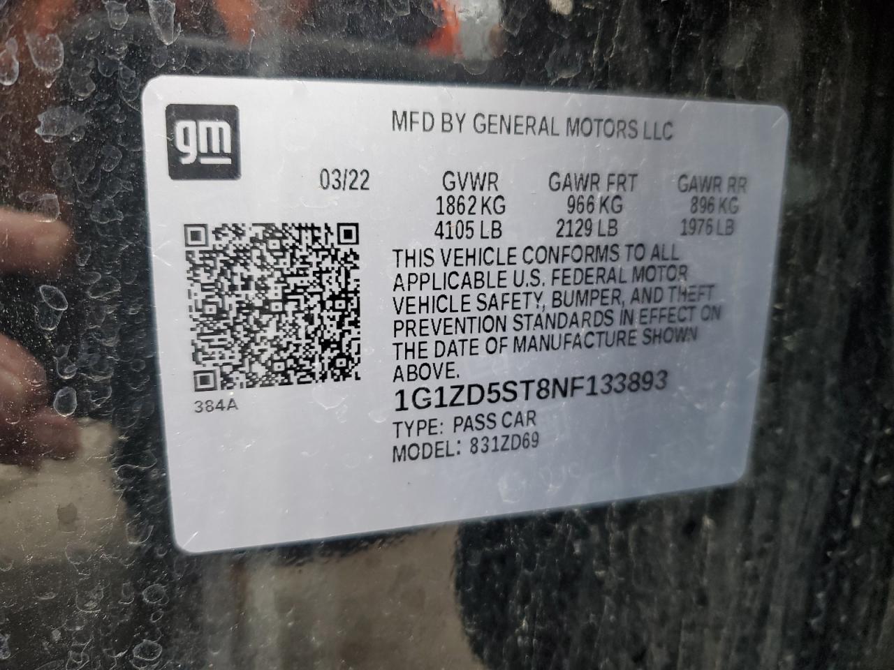 2022 CHEVROLET MALIBU LT VIN:1G1ZD5ST8NF133893