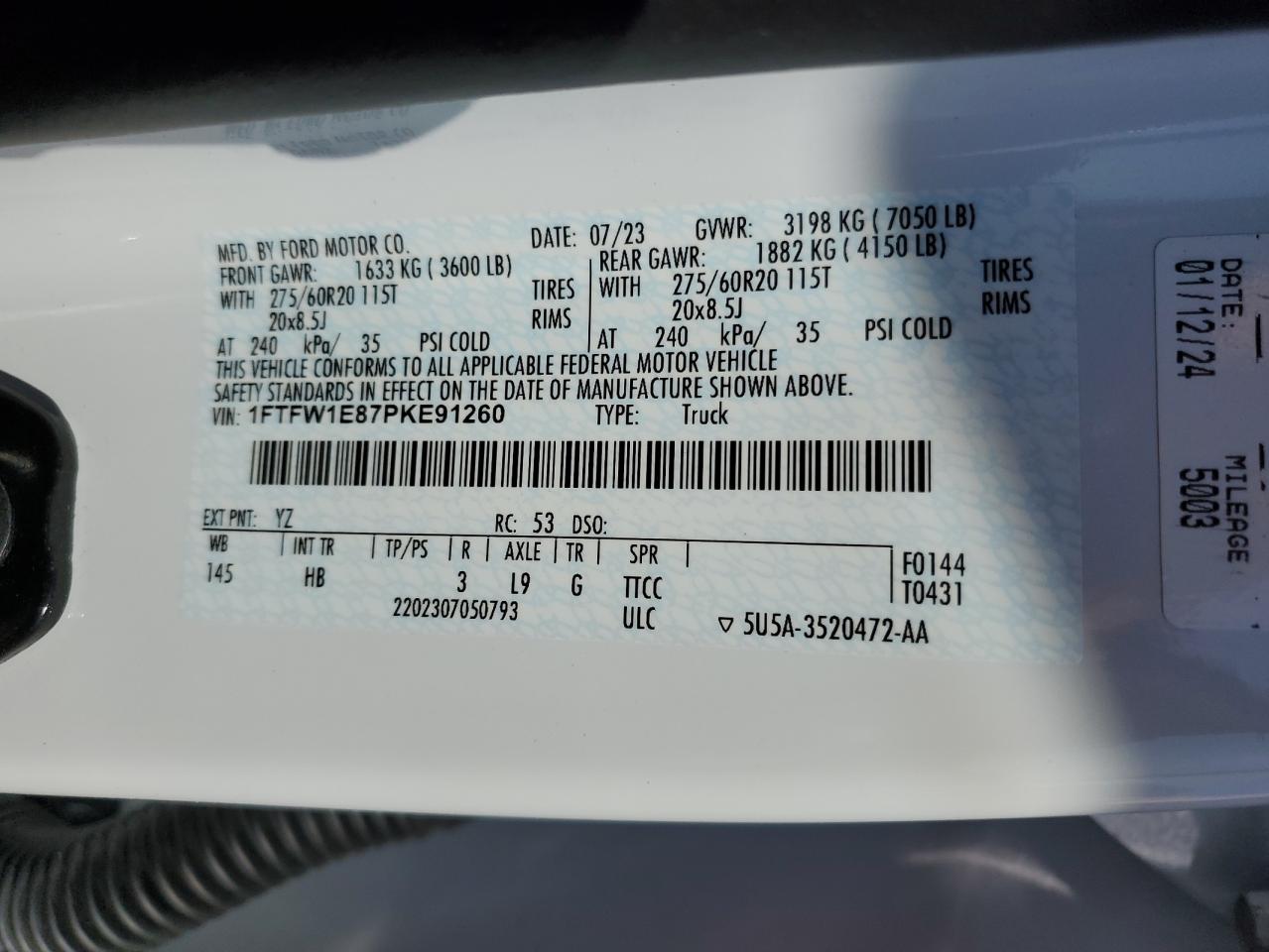 2023 FORD F150 SUPERCREW VIN:1FTFW1E87PKE91260
