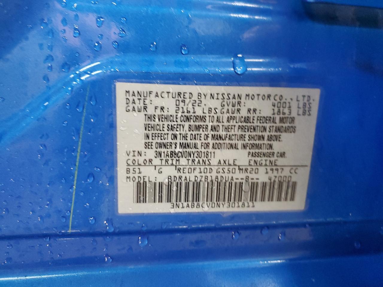 2022 NISSAN SENTRA SV VIN:3N1AB8CV0NY301811