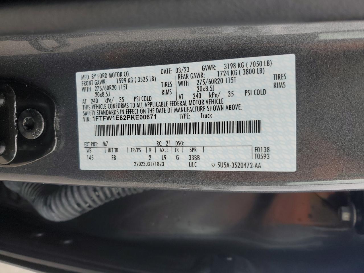 2023 FORD F150 SUPERCREW VIN:1FTFW1E82PKE00671