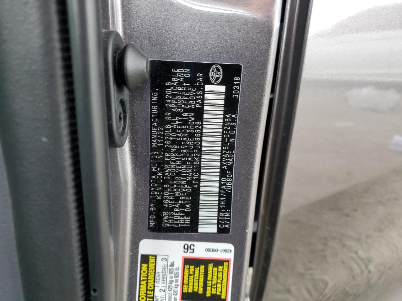 2023 TOYOTA CAMRY LE VIN:4T1C11BK2PU086828