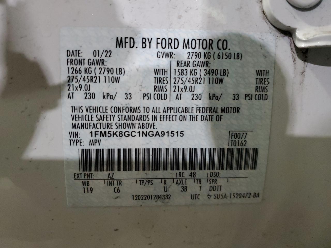 2022 FORD EXPLORER ST VIN:1FM5K8GC1NGA91515