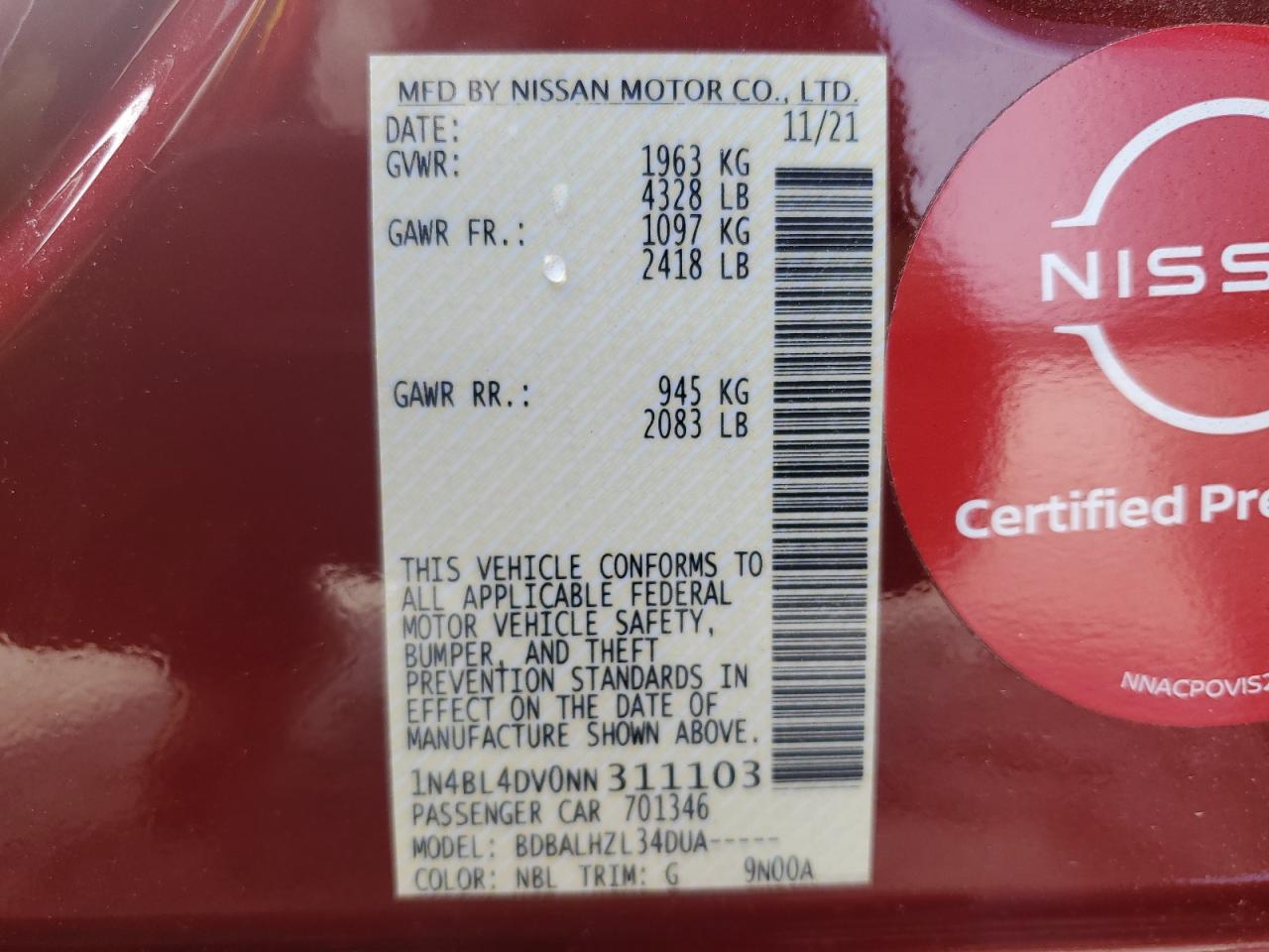 2022 NISSAN ALTIMA SV VIN:1N4BL4DV0NN311103