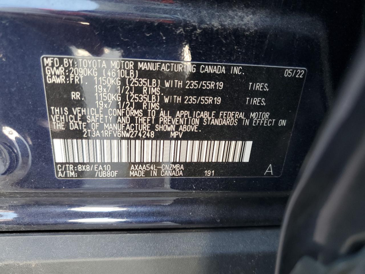 2022 TOYOTA RAV4 XLE PREMIUM VIN:2T3A1RFV6NW274248