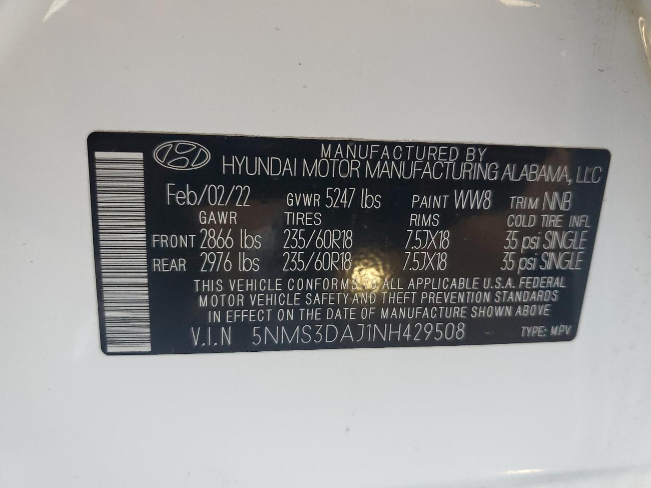 2022 HYUNDAI SANTA FE SEL VIN:5NMS3DAJ1NH429508
