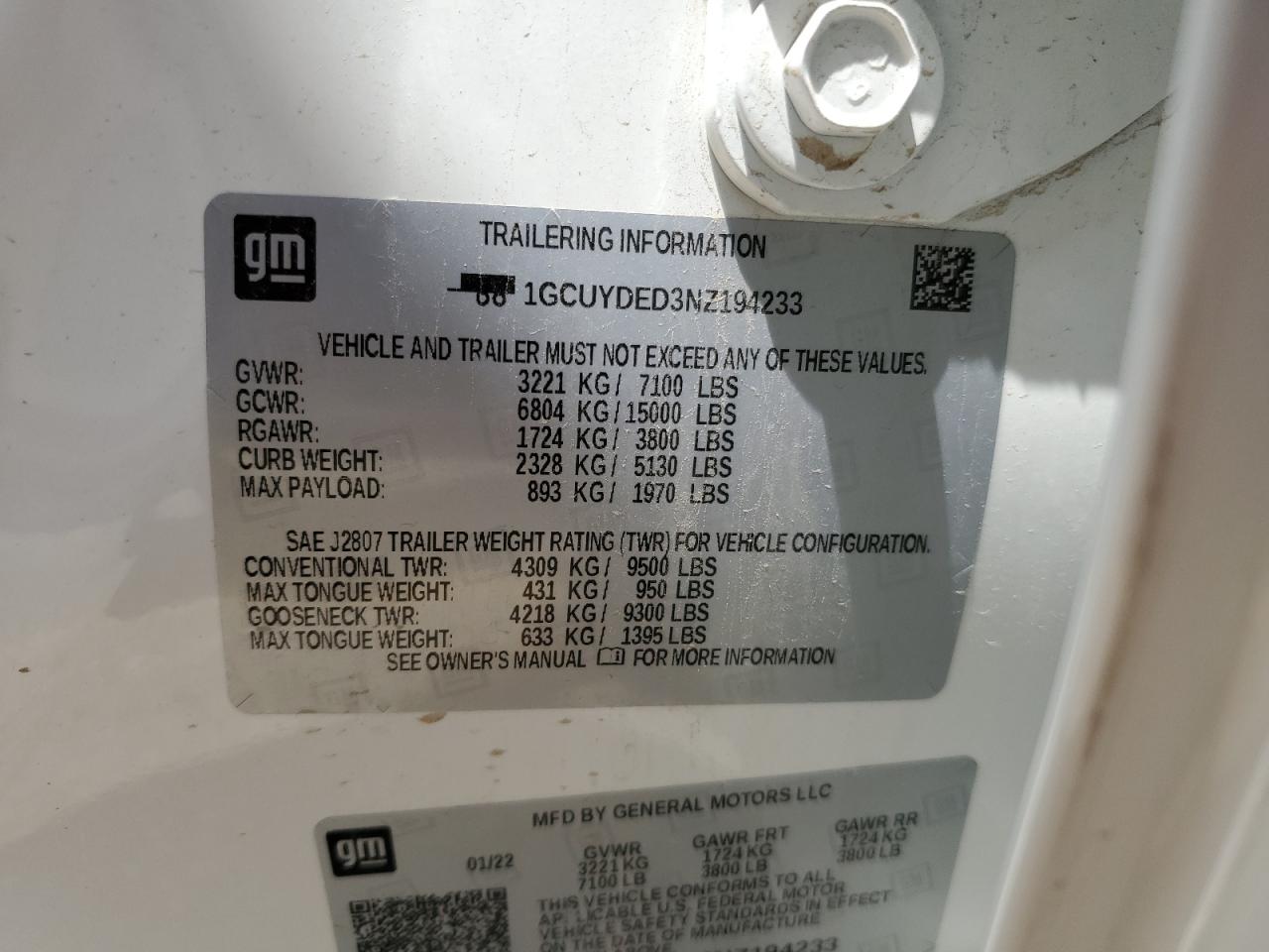 2022 CHEVROLET SILVERADO LTD K1500 LT VIN:1GCUYDED3NZ194233