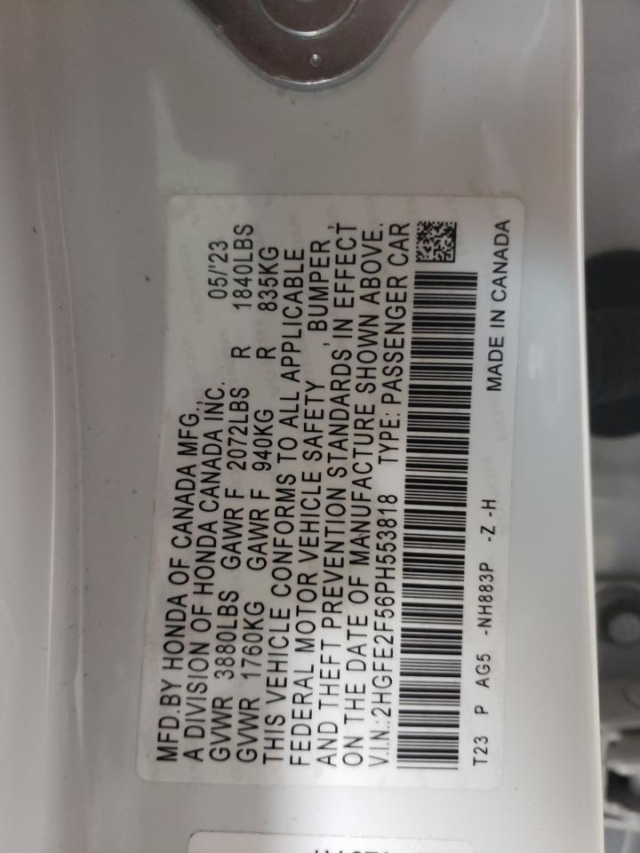 2023 HONDA CIVIC SPORT VIN:2HGFE2F56PH553818