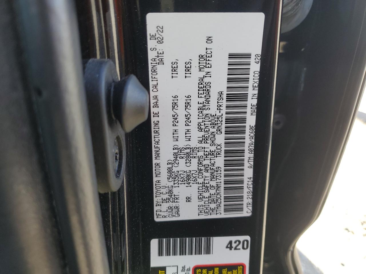 2022 TOYOTA TACOMA DOUBLE CAB VIN:3TMAZ5CN7NM173159