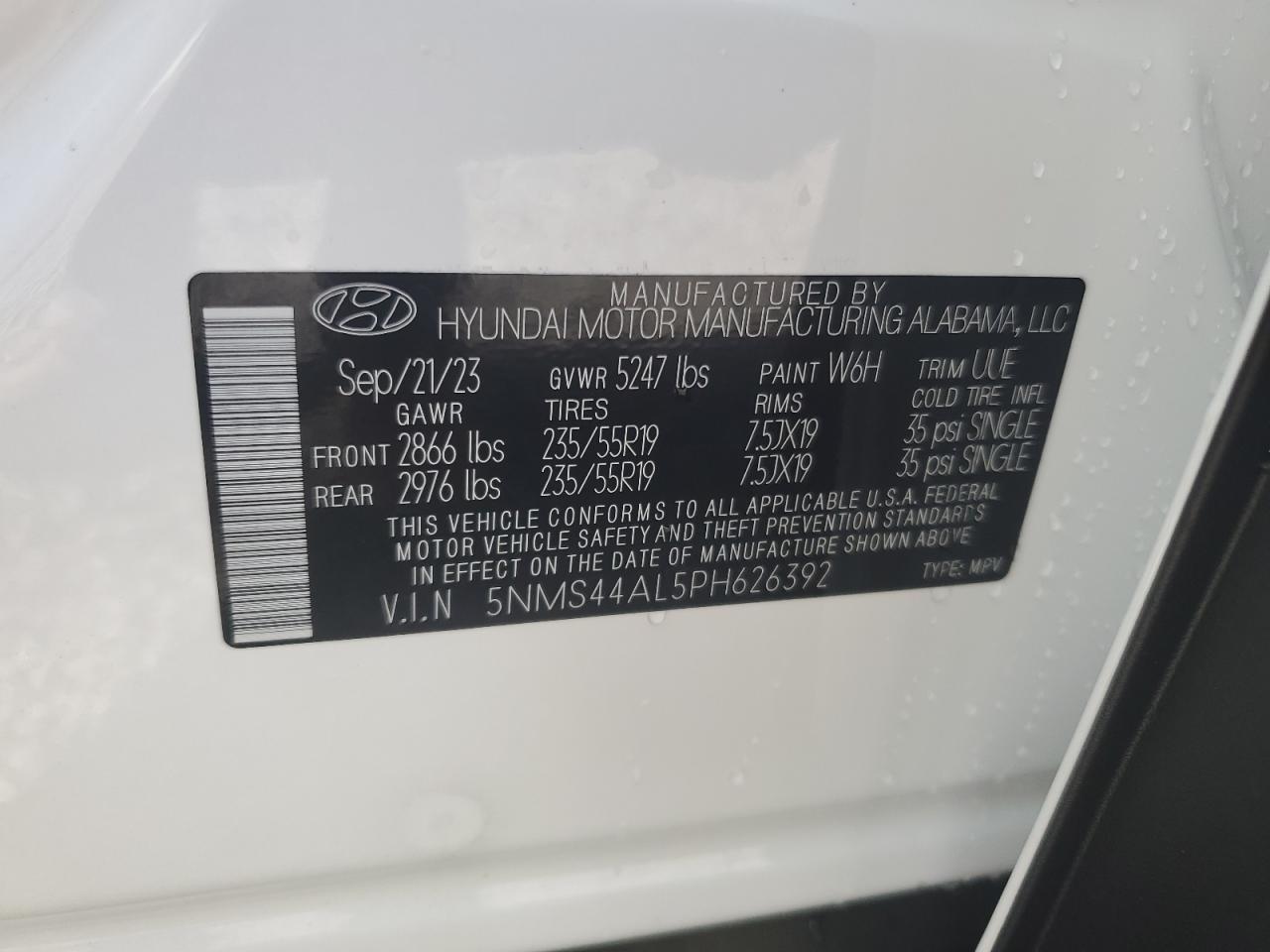 2023 HYUNDAI SANTA FE LIMITED VIN:5NMS44AL5PH626392