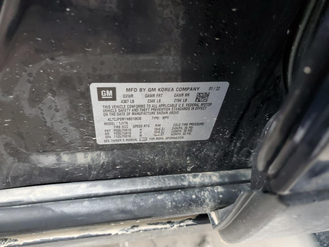 2022 CHEVROLET TRAX 1LT VIN:KL7CJPSM1NB519635