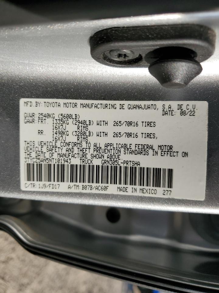 2022 TOYOTA TACOMA DOUBLE CAB VIN:3TYCZ5AN5NT101943