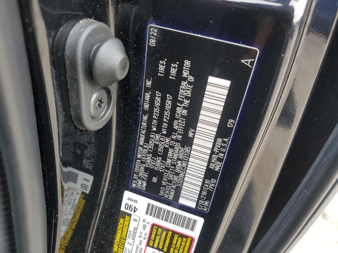 2022 TOYOTA SIENNA XLE VIN:5TDYRKEC3NS131385