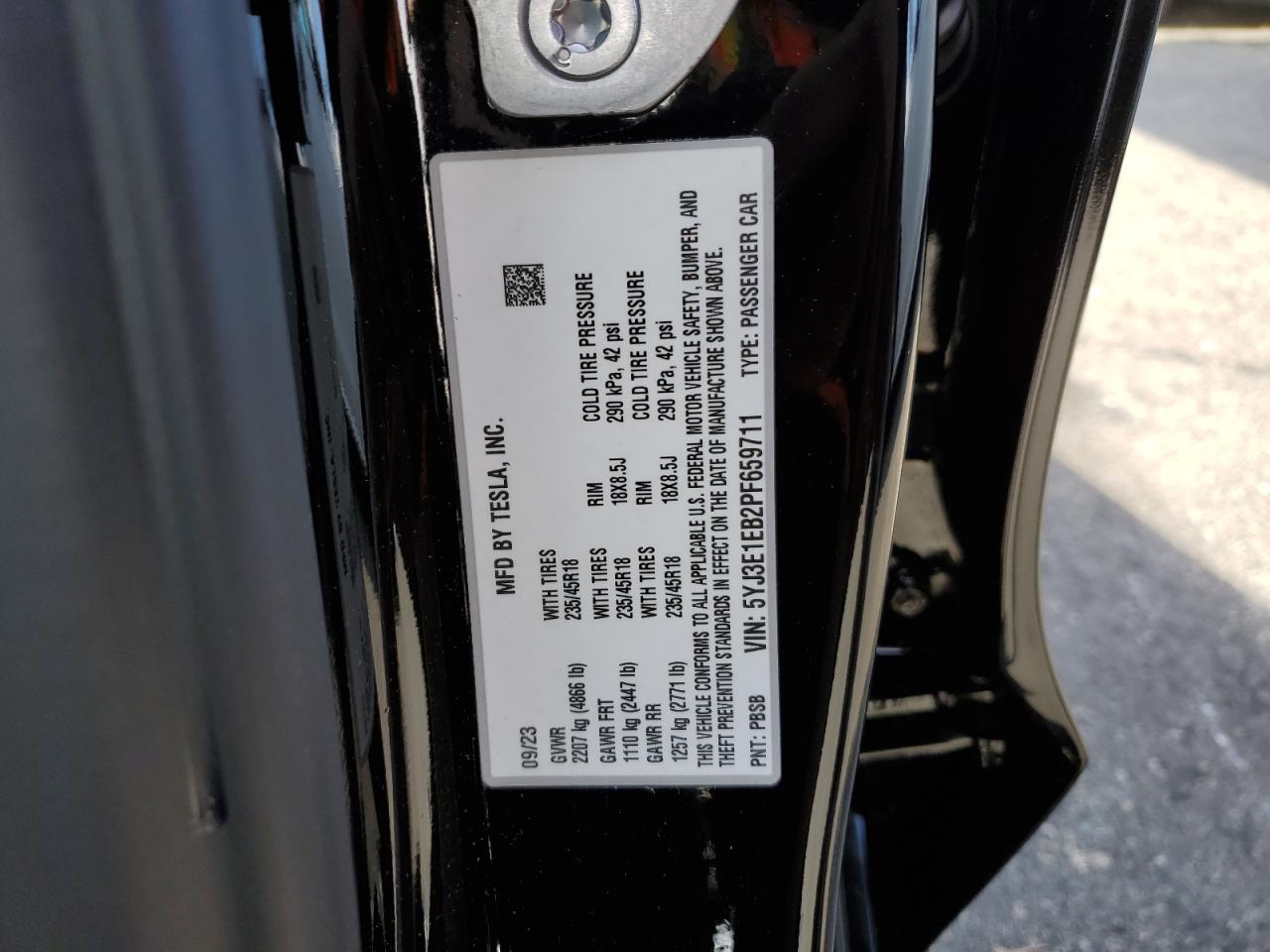 2023 TESLA MODEL 3  VIN:5YJ3E1EB2PF659711