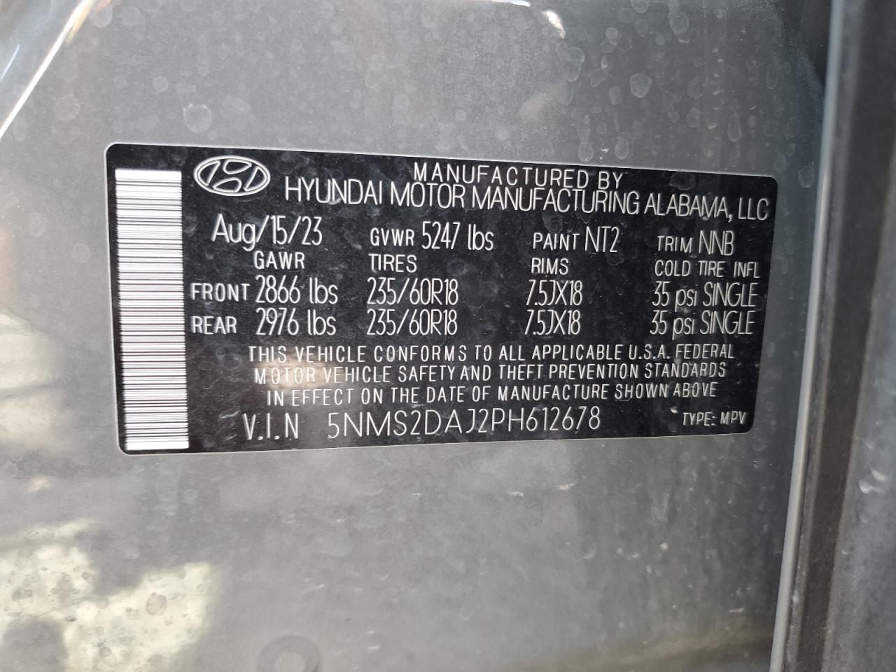 2023 HYUNDAI SANTA FE SEL VIN:5NMS2DAJ2PH612678