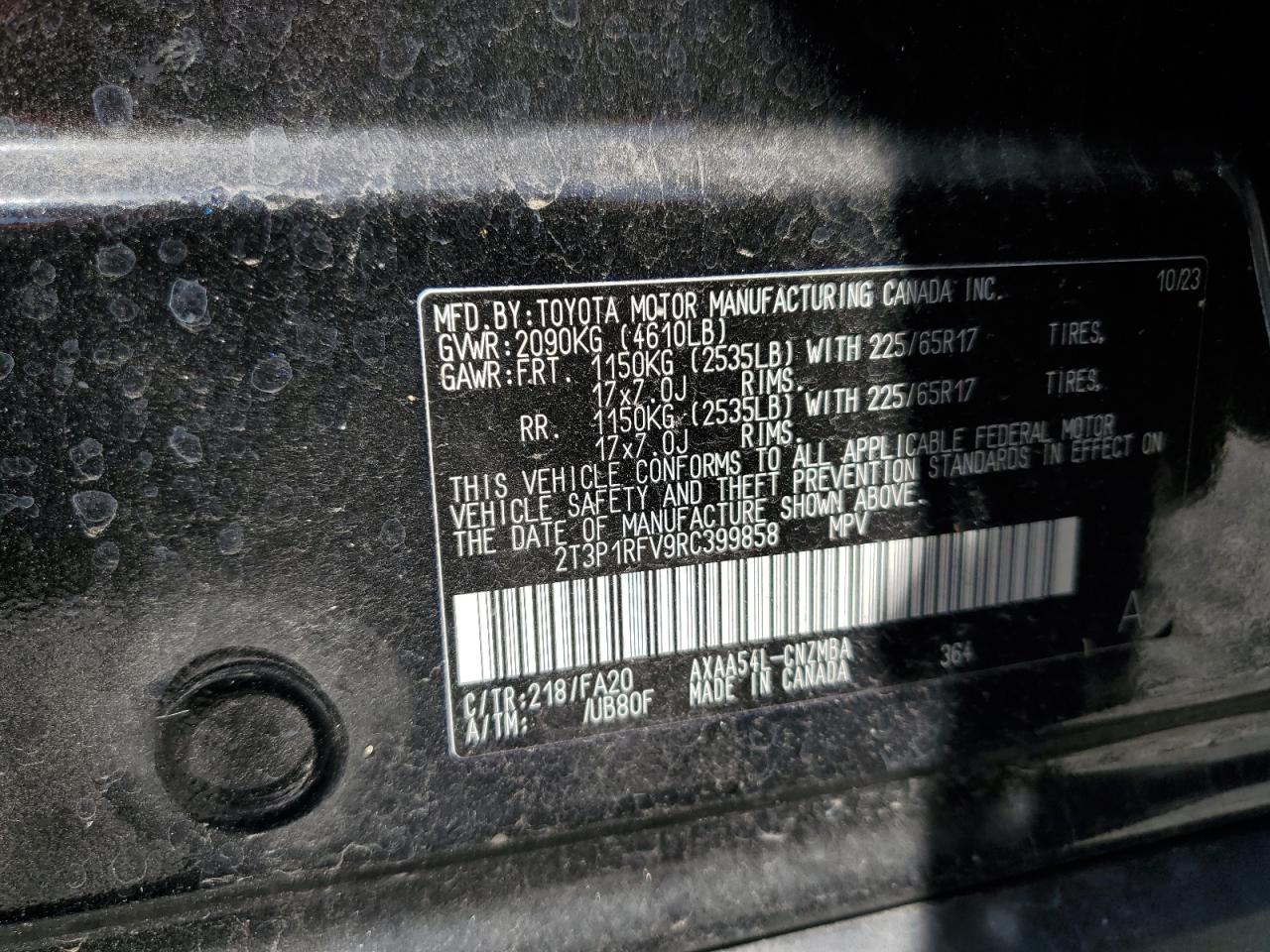 2024 TOYOTA RAV4 XLE VIN:2T3P1RFV9RC399858