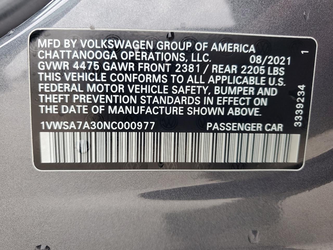 2022 VOLKSWAGEN PASSAT SE VIN:1VWSA7A30NC000977