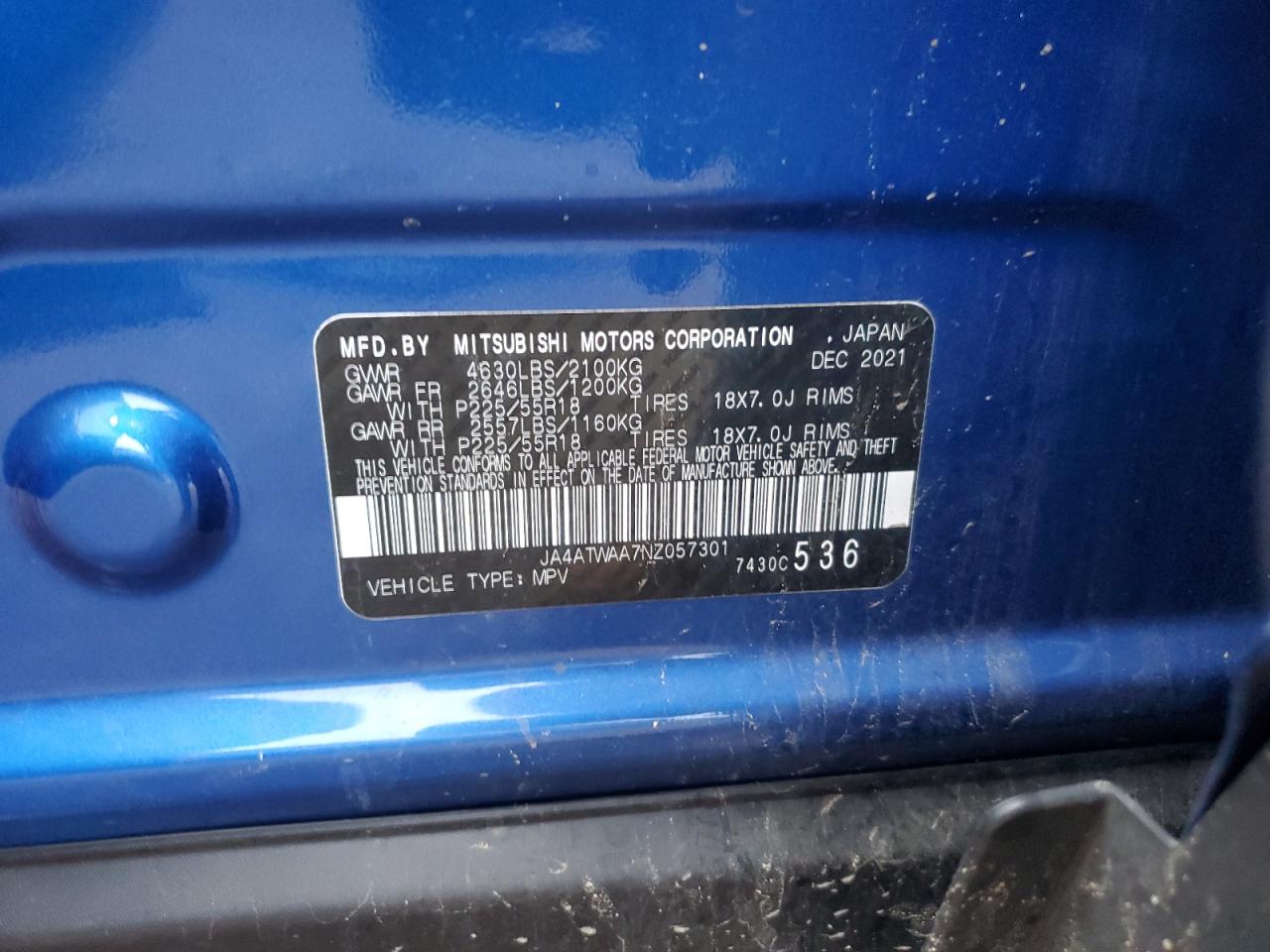 2022 MITSUBISHI ECLIPSE CROSS SE VIN:JA4ATWAA7NZ057301