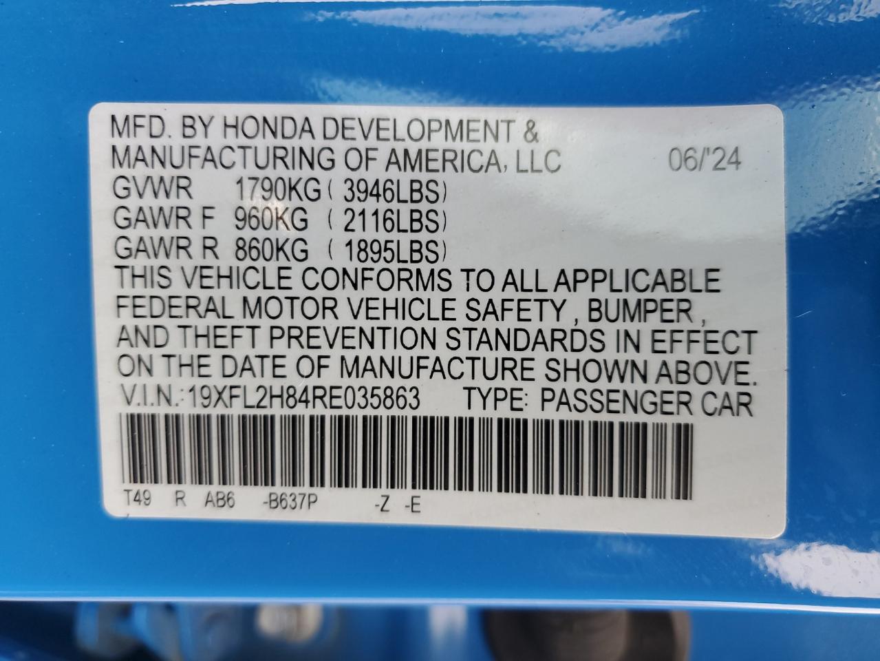 2024 HONDA CIVIC SPORT VIN:19XFL2H84RE035863