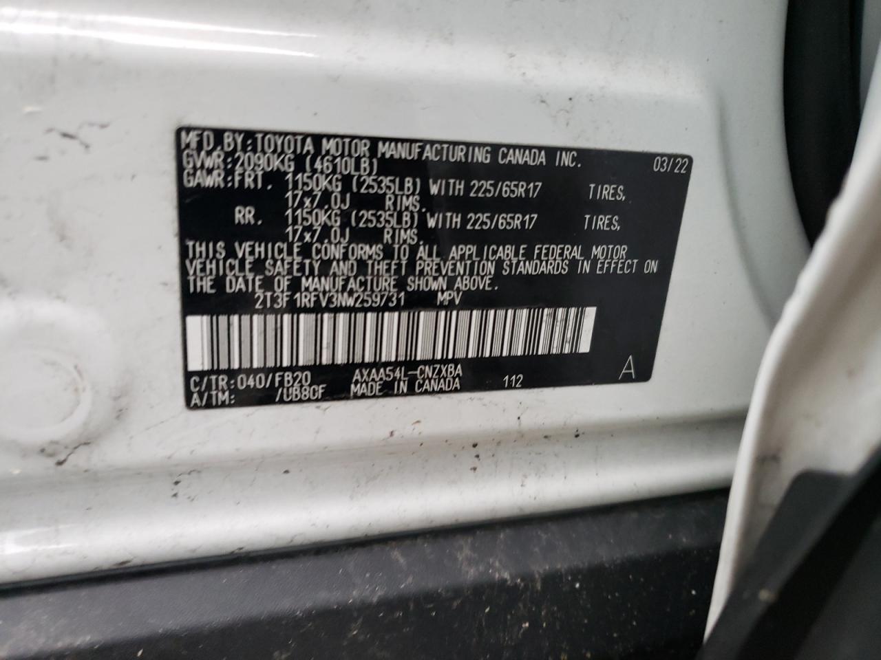 2022 TOYOTA RAV4 LE VIN:2T3F1RFV3NW259731