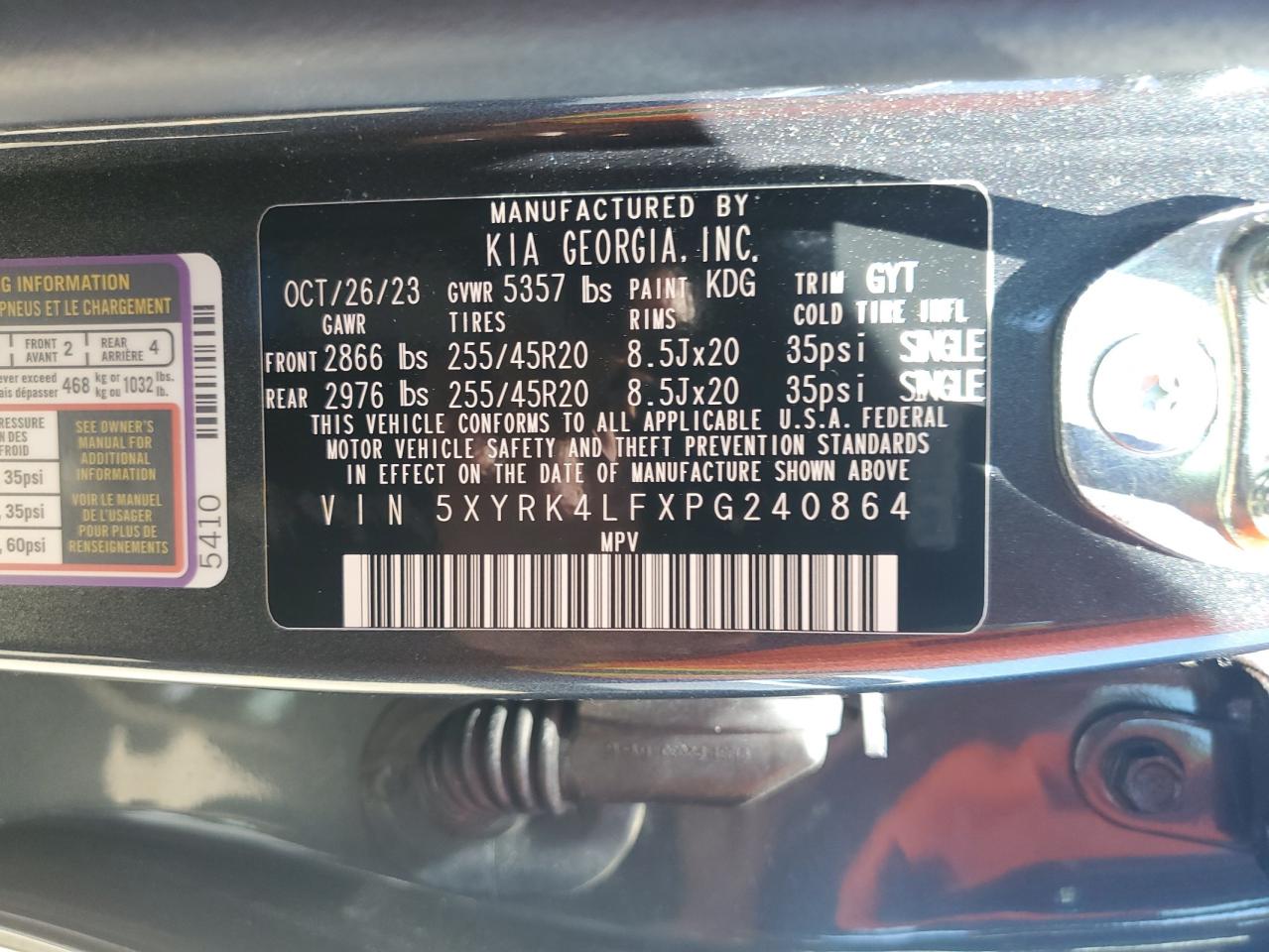 2023 KIA SORENTO SX VIN:5XYRK4LFXPG240864