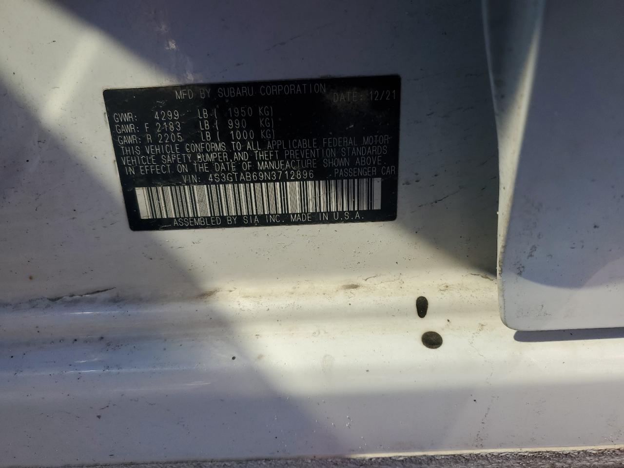 2022 SUBARU IMPREZA  VIN:4S3GTAB69N3712896